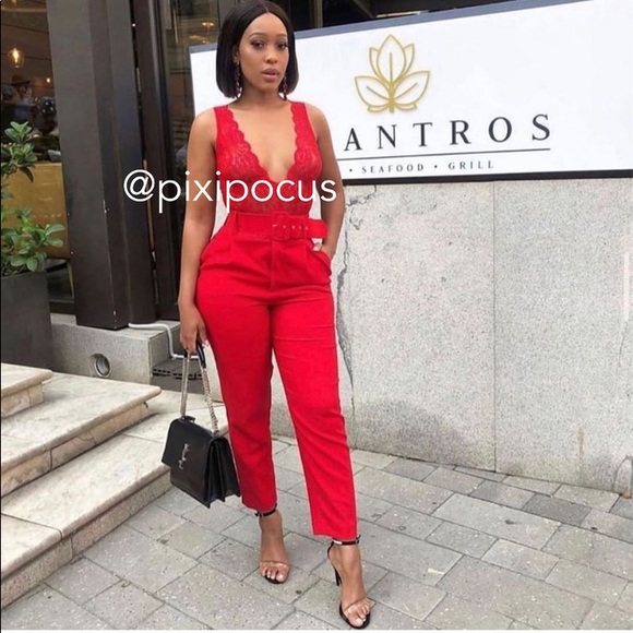 NWT ZARA BELTED HIGH WAISTED PANTS RED - Picture 11 of 16